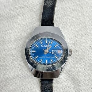 Vintage Sundial Blue Dial Automatic Watch 1970s Space Age Mod Retro
